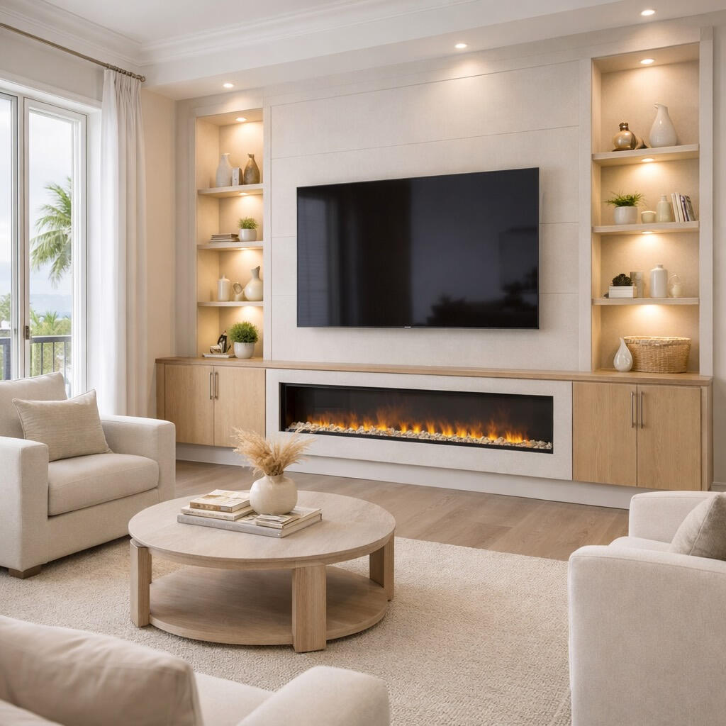 Modern fireplace wall in St Petersburg with electric fireplace and built-in cabinets